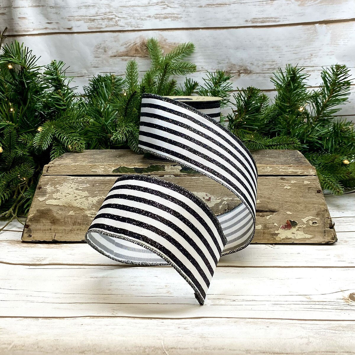 2.5inx10yd Grosgrain Glitter Black/White Stripe