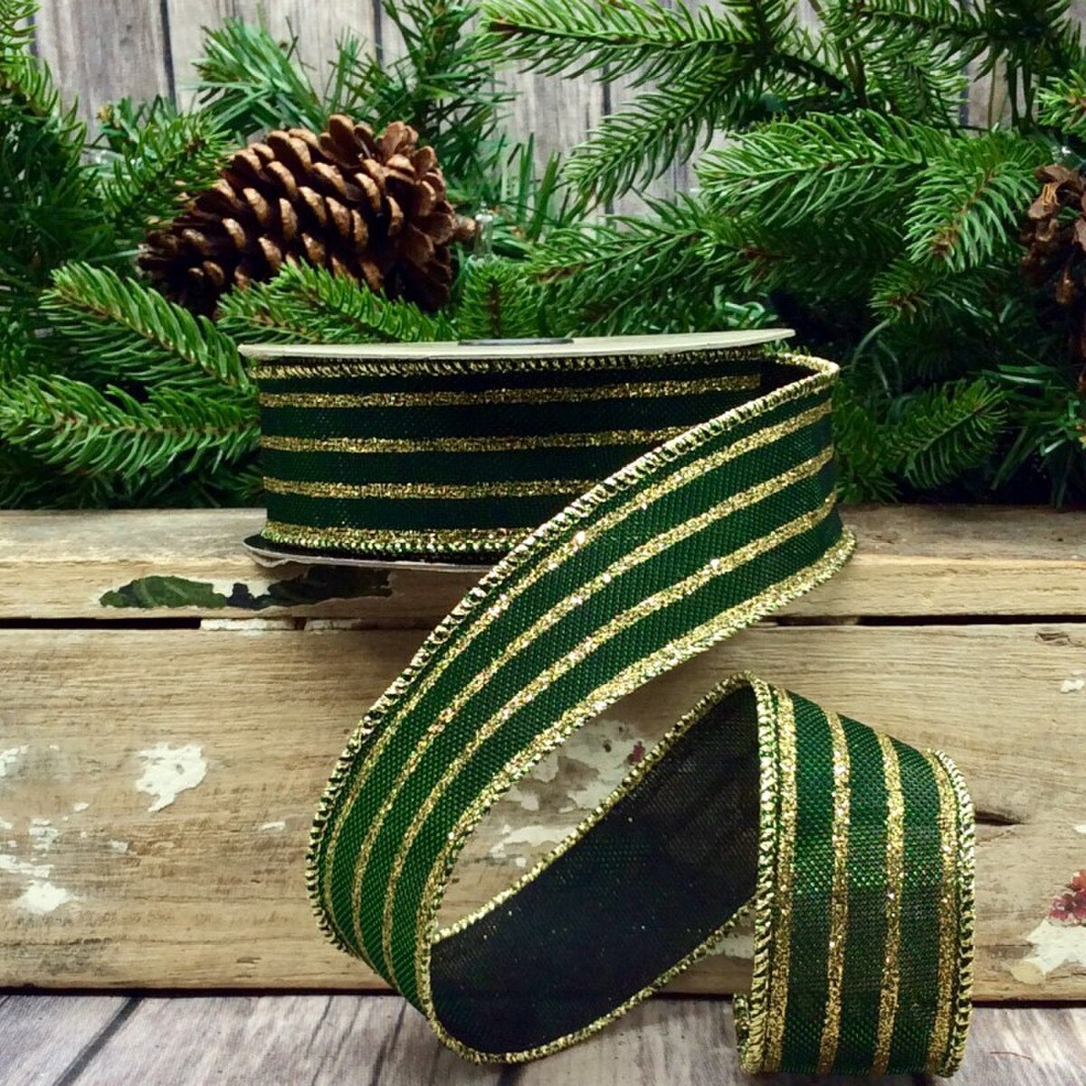 1.5in Emerald with Gold Stripes