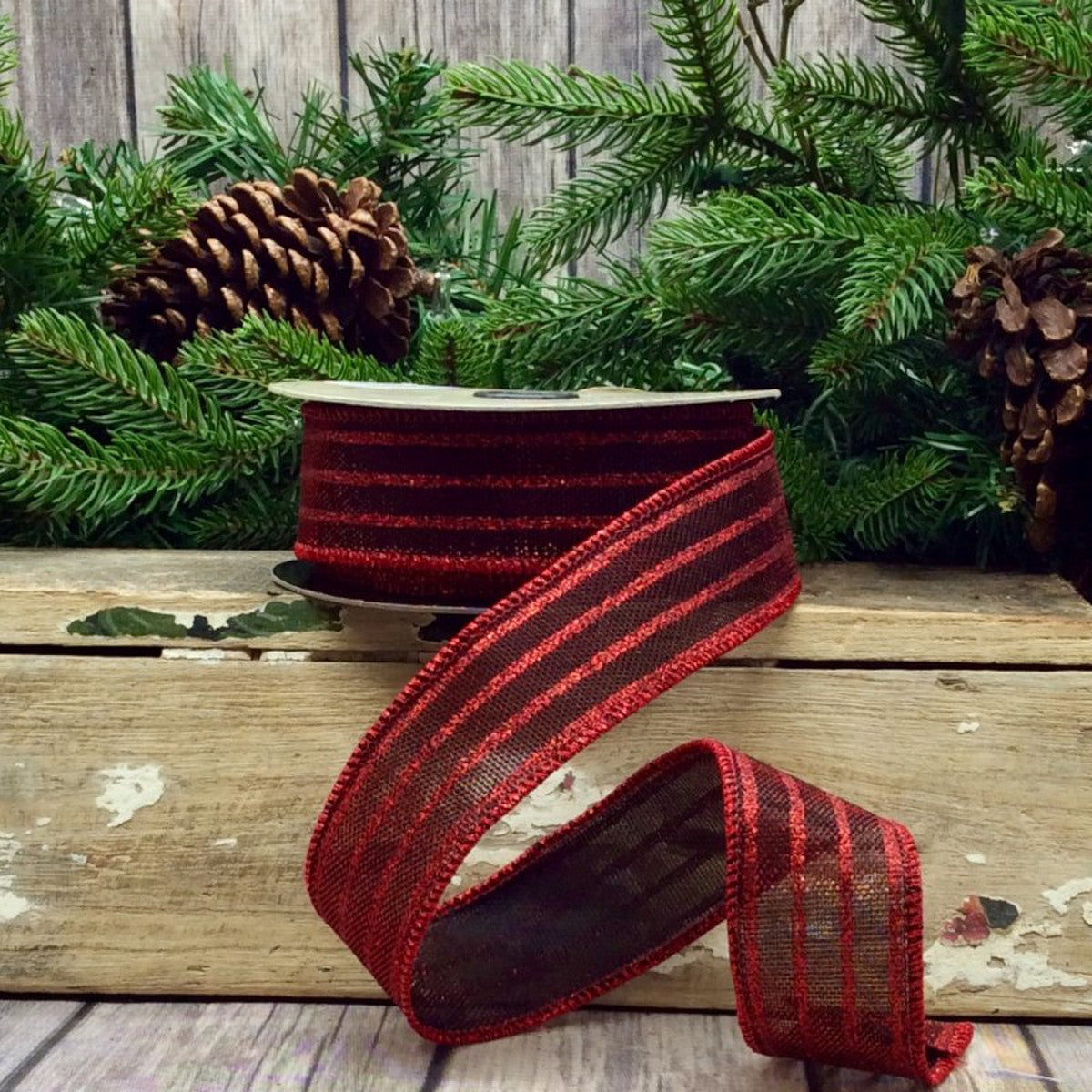 1.5inx10yd Metallic Mesh Glitter Stripe RED