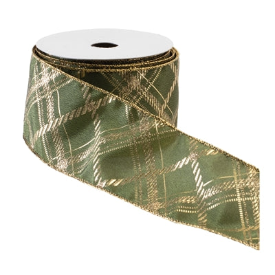 2.5-inch sage green wired polyester ribbon with abstract metallic gold geometric pattern and gold wired edges on a 10-yard roll.
