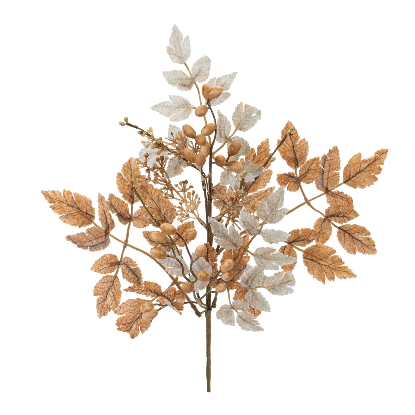A 21-inch artificial fall foliage spray featuring layered maple-shaped leaves in soft ivory, champagne, and warm tan tones. The stem includes clusters of light tan berries and delicate botanical accents on wired branches, creating an elegant neutral autumn look suitable for wreaths, floral arrangements, and seasonal home décor.