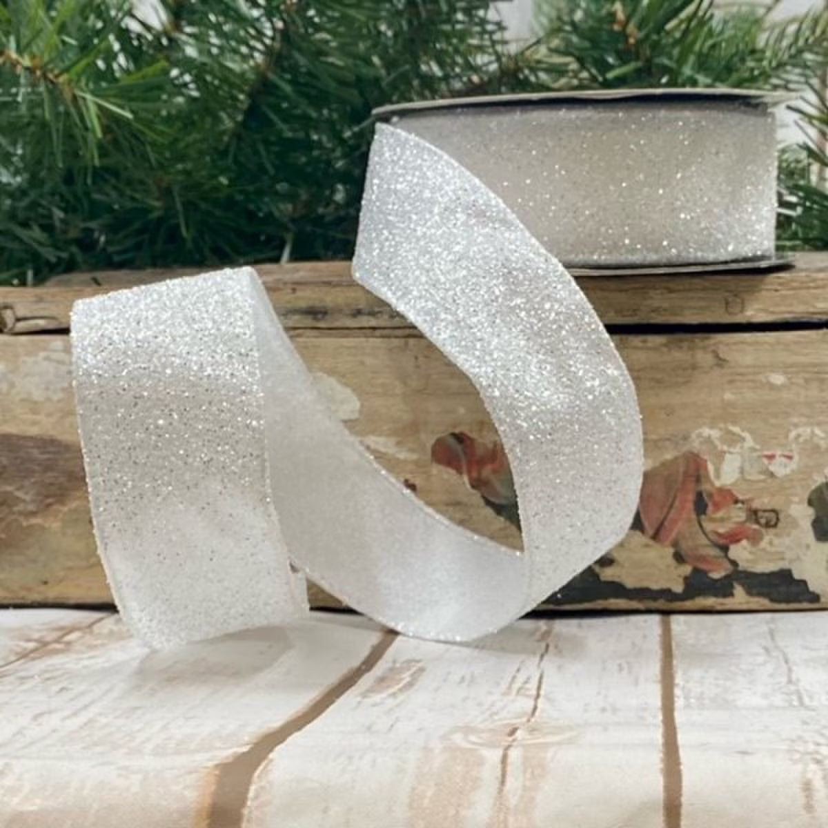 1.5inx10yd DStevens Satin Frosted Glitter Christmas Ribbon in White