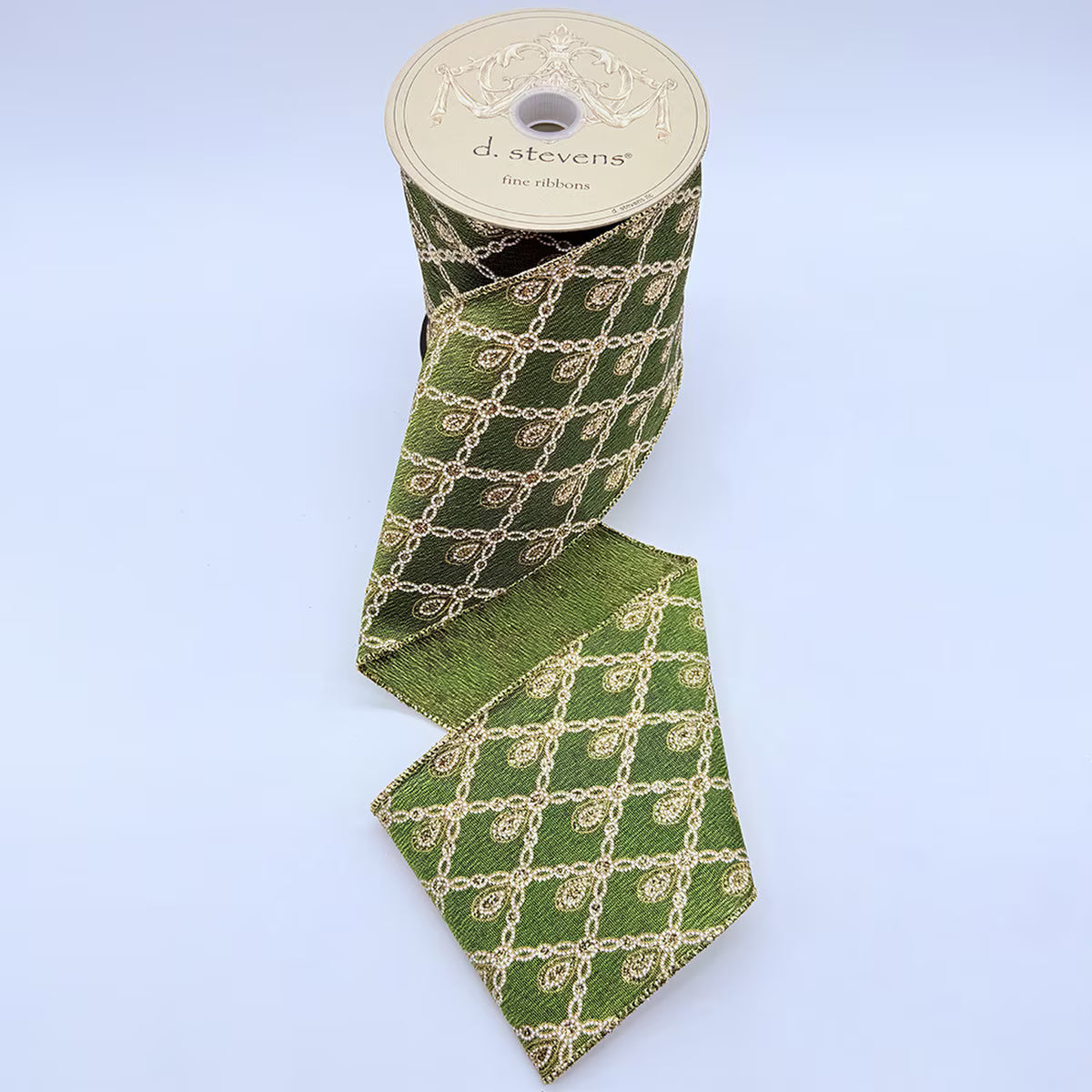 d. Stevens 2.5-inch olive green satin Christmas ribbon with ornate gold glitter chain diamond lattice pattern and decorative teardrop accents, 10-yard spool.