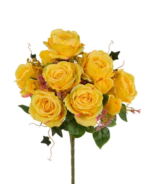 19in Rose & Leaf Bush x12 YELLOW