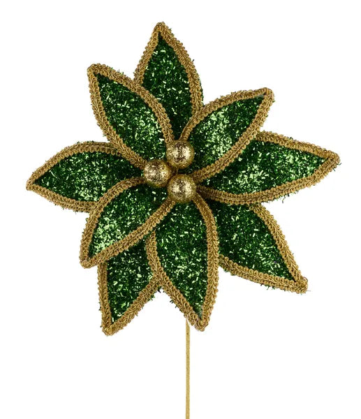 14in Glitter/Lace Edge Poinsettia GREEN/GOLD