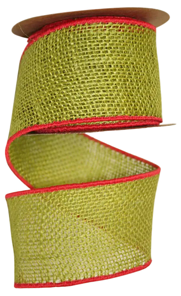 Lime Green Chartreuse Burlap Ribbon with Red Wired Edge – 2.5" x 10 Yards
