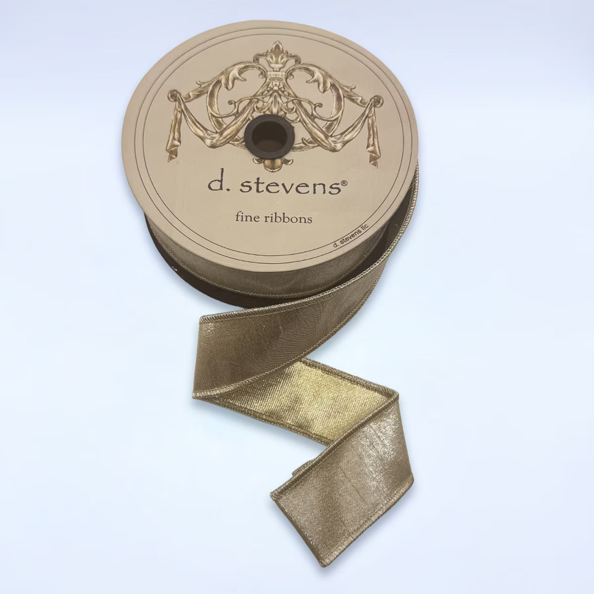 d. Stevens 1.5-inch double-sided metallic dupioni designer ribbon in platinum and light gold with woven texture and coordinating finished edges, 10-yard spool.