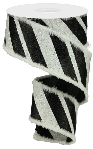 2.5inx10yd Giant Diagonal Lines/Drift Black/Silver Christmas
