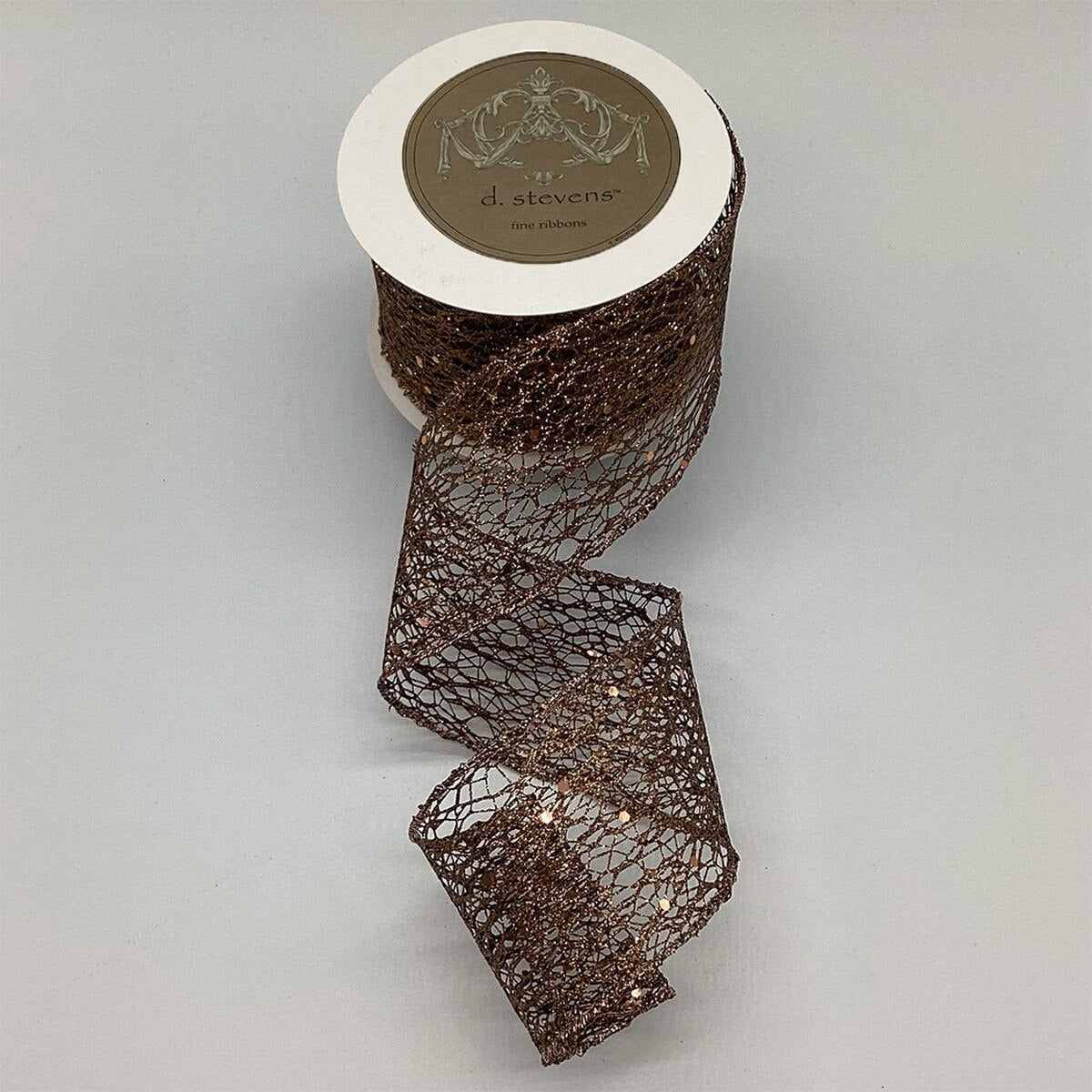 D. Stevens 2.5 inch brown glitter mesh wired designer ribbon with metallic bronze shimmer on a 10-yard roll.
