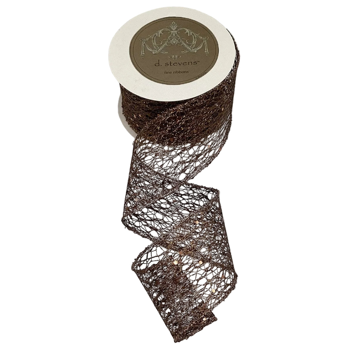 D. Stevens 2.5 inch brown glitter mesh wired designer ribbon with metallic bronze shimmer on a 10-yard roll.