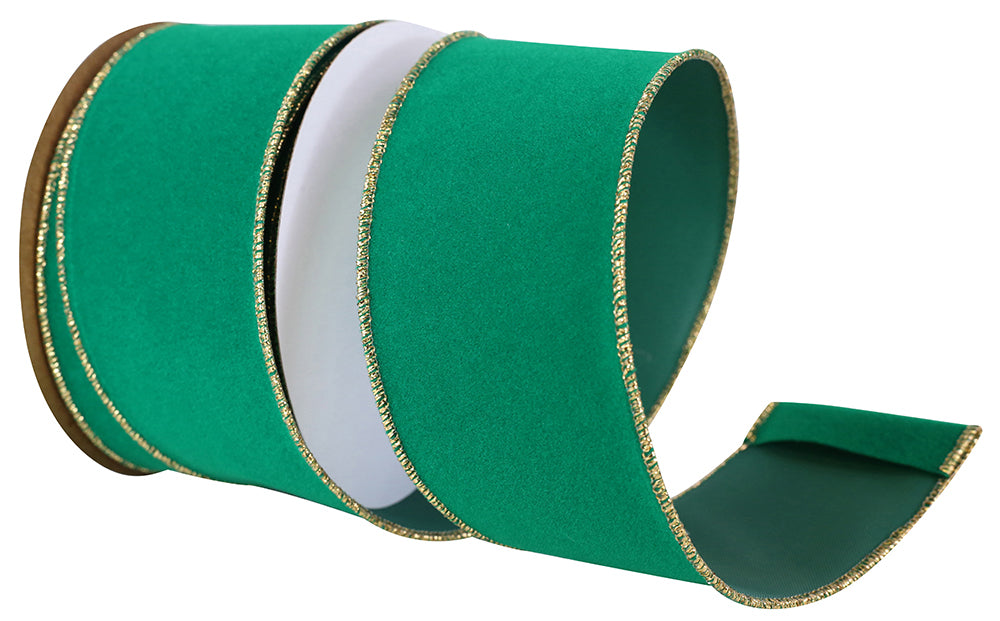 2.5" Emerald Green Velvet Duro Domestic Wired Edge Ribbon Gold Edge | 10 Yard Designer Ribbon Reliant Ribbon