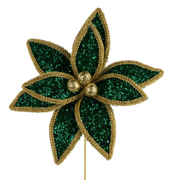 14in Glitter/Lace Edge Poinsettia EMERALD/GOLD
