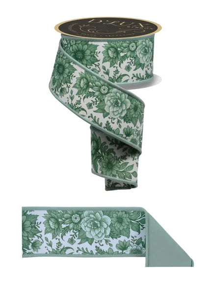 2.5inx10yd Fused Sage Chinoiserie Ribbon