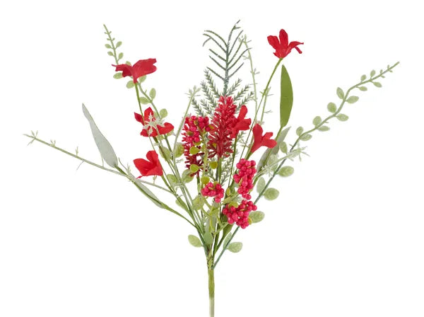 12in Red Fabric Flower/Leaf/Beads