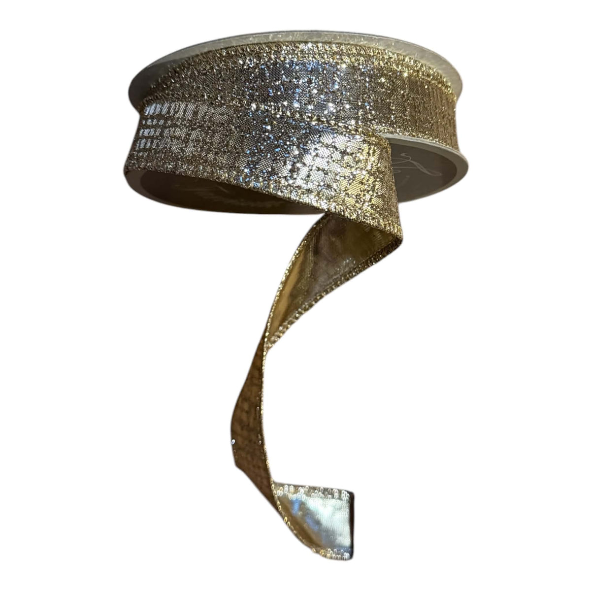 1-inch x 10-yard platinum glitter designer ribbon on a spool, featuring a densely sparkling pale silver-gold surface over a fine vertical ribbed base with a smooth metallic reverse on the loose tail.