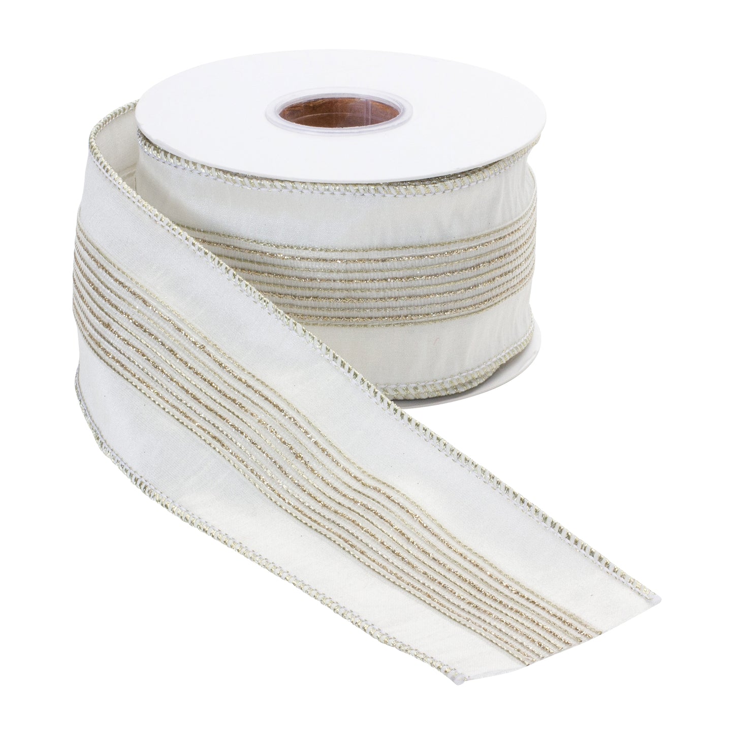 A roll of 2.5-inch wide ivory polyester ribbon with wired edges and multiple thin metallic gold pinstripes running lengthwise across the center. The ribbon is partially unrolled to display its soft fabric texture and subtle shimmering accents for decorative bows and seasonal arrangements.