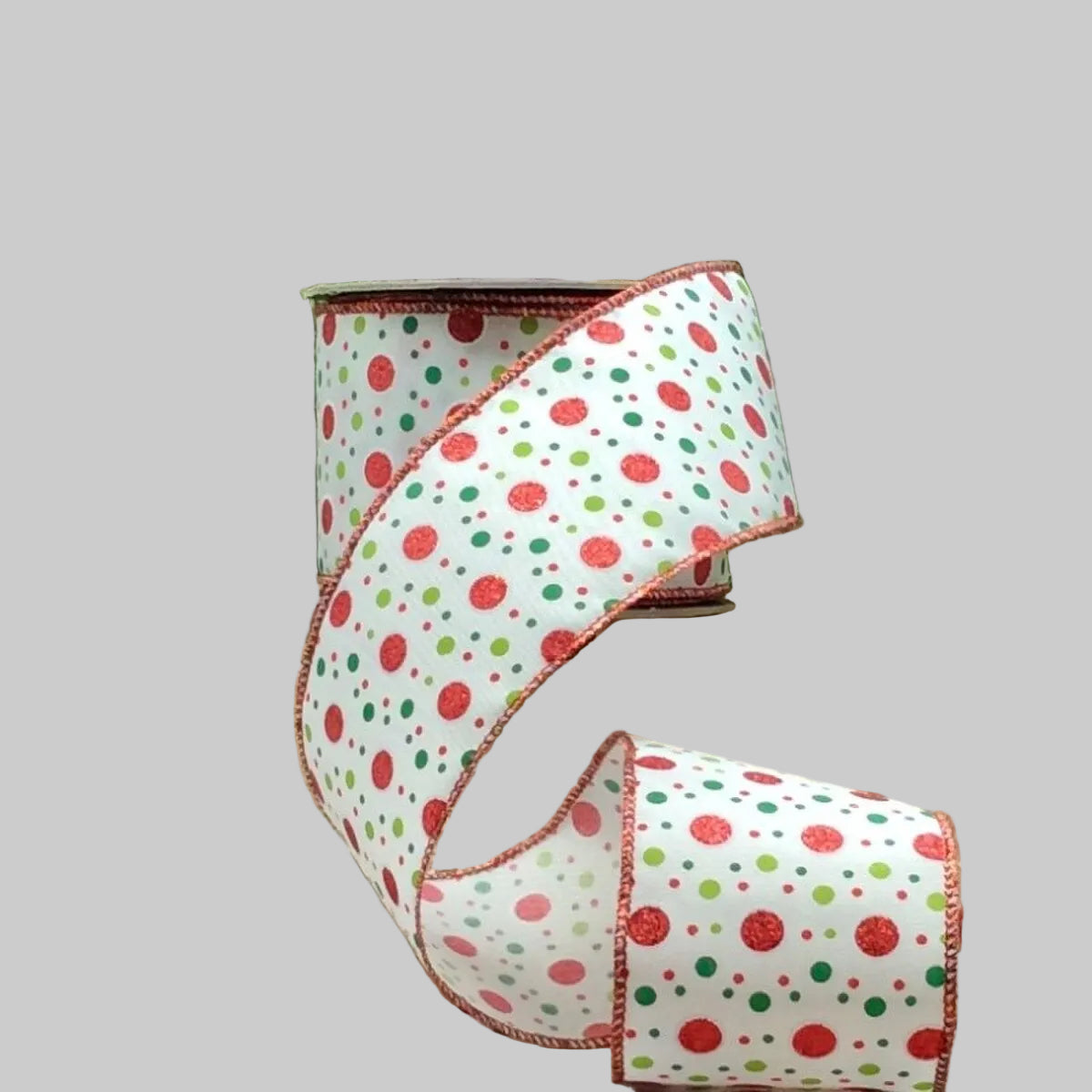 2.5 inch D. Stevens white satin wired Christmas ribbon with red glitter dots and green polka dots on a 10-yard roll for wreaths, bows, floral arrangements, and holiday decorating.