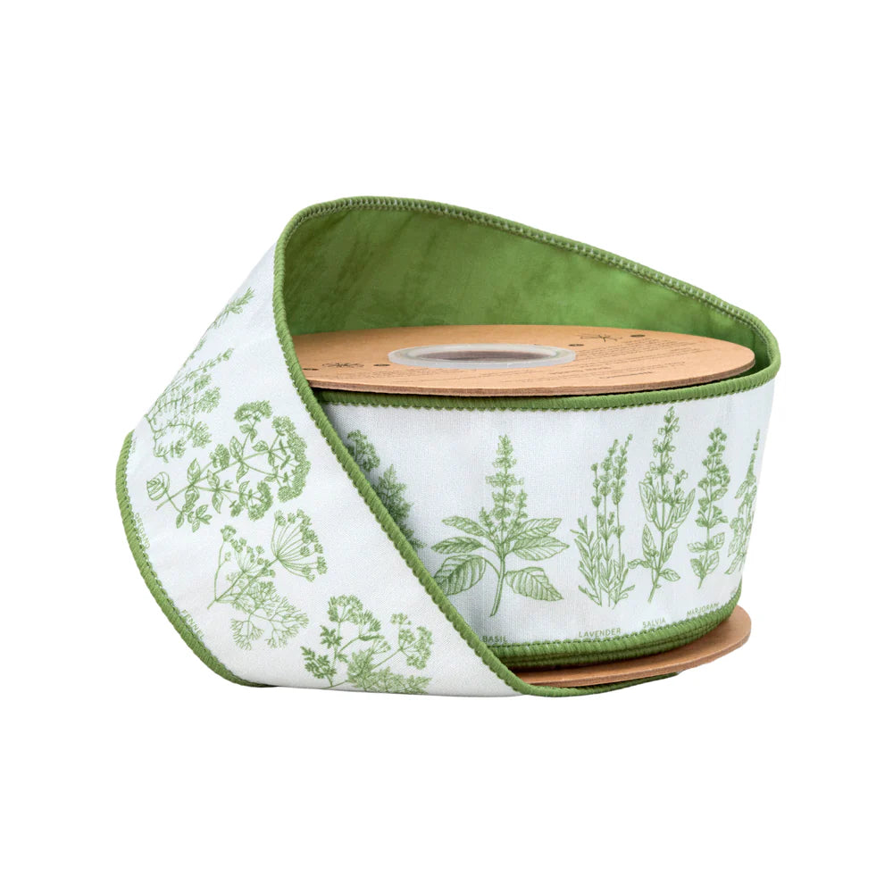 2.5inx10yd Herb Sprigs on White Dupioni Ribbon