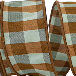 Aspen Dupioni Checked Wired Ribbon – Celadon & Brown – 2.5" x 10 Yards | Premium Plaid Ribbon for Wreaths, Bows & Seasonal Decorating