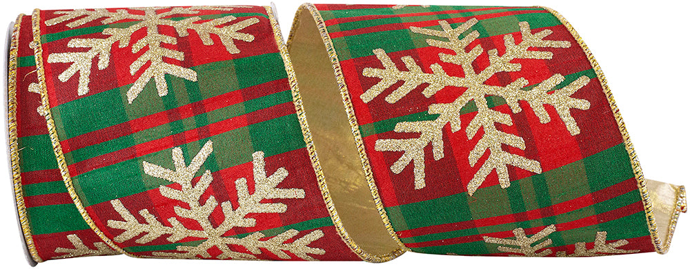 4 inch luxury dupioni Christmas ribbon featuring a red and green plaid pattern with gold glitter snowflakes, metallic gold backing, and gold wired edges on a 5-yard roll for wreaths, bows, and holiday decorating.