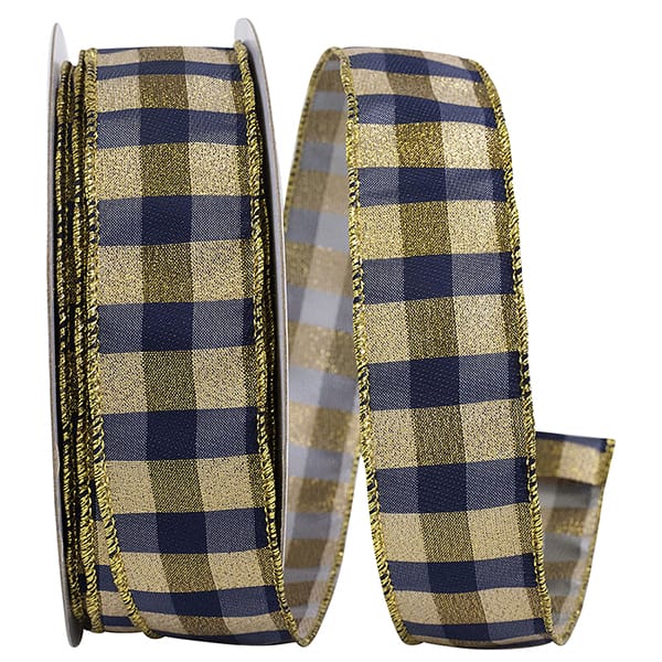 1.5inx20YARDS Check Metallic Bar ribbon NAVY/GOLD