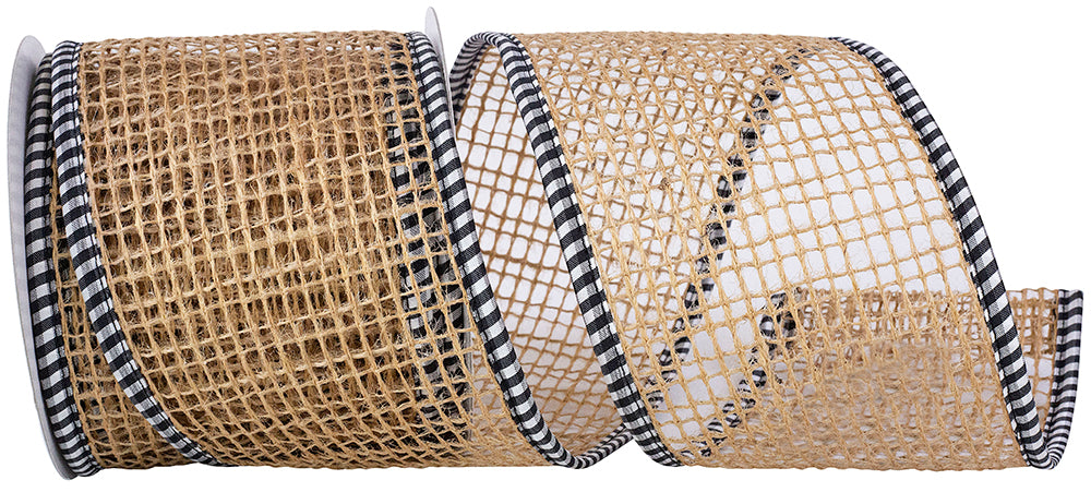 5YARDS x 4in Open Weave Burlap BLK/WHT Gingham Edge