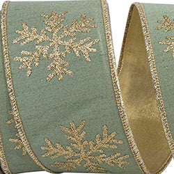 Sage Green Linen Ribbon with Gold Glitter Snowflakes – 4" x 10 Yards | Wired Christmas Ribbon for Wreaths, Trees & Holiday Décor