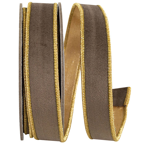 Velvet Touch Deluxe Brown Wired Ribbon with Gold Edge – 1" x 5 Yards | Premium Velvet Ribbon for Wreaths, Bows & Holiday Decorating
