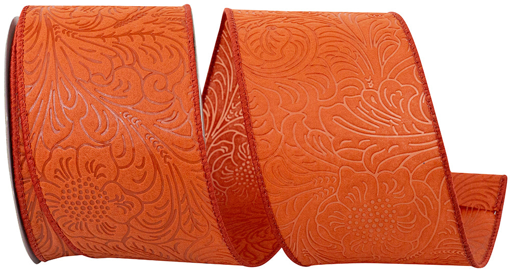 2.5inx10yd Leaf Scroll Embossed Rust Ribbon