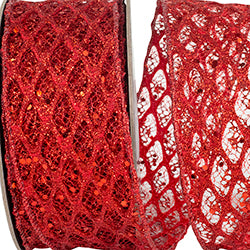 Red Glittered Sequin Diamond Net Wired Ribbon – 2.5" x 10 Yards | Sparkling Designer Ribbon for Christmas Wreaths, Bows & Holiday Décor