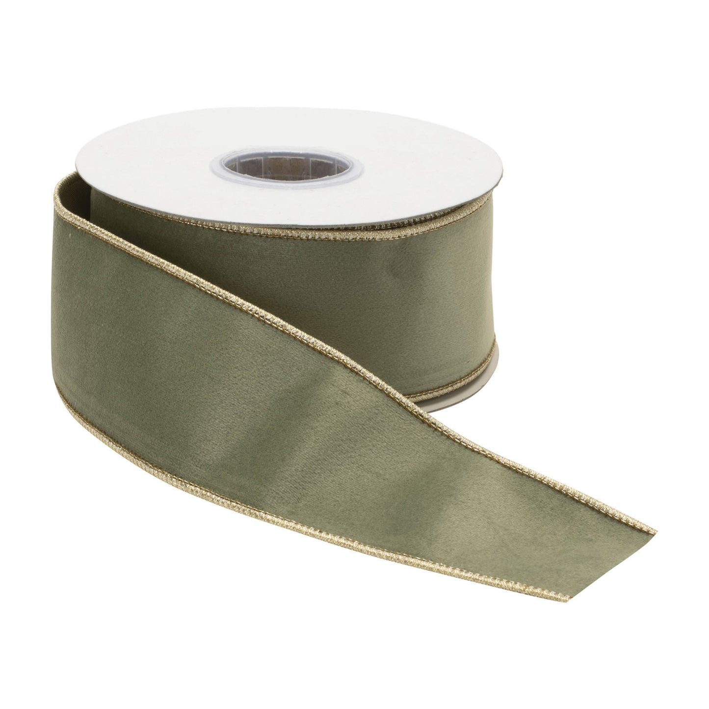 A roll of 2.5-inch wide sage green velvet ribbon with gold wired edges is partially unrolled against a white background. The ribbon has a soft, plush texture with a subtle sheen, showcasing its elegant finish for wreaths, floral arrangements, bows, gift wrapping, and seasonal décor.