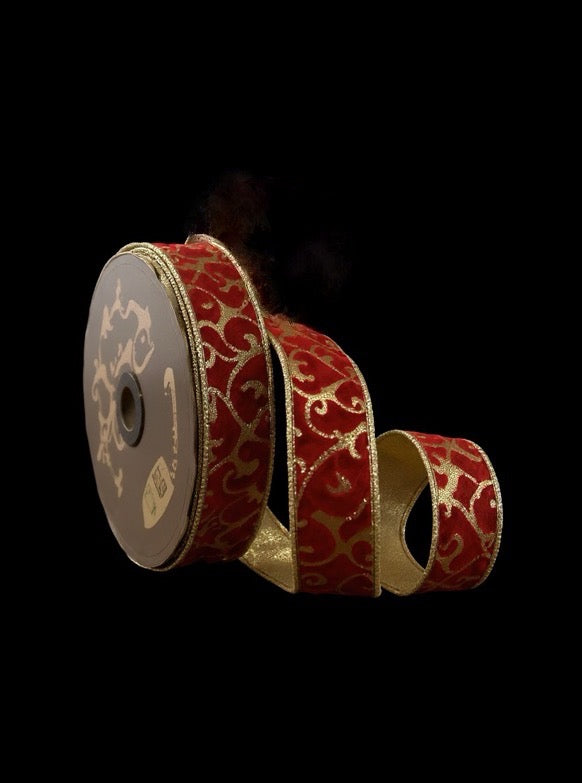 1.5 inch X 10 Yards D Stevens Velvet BURG Gold Christmas Ribbon