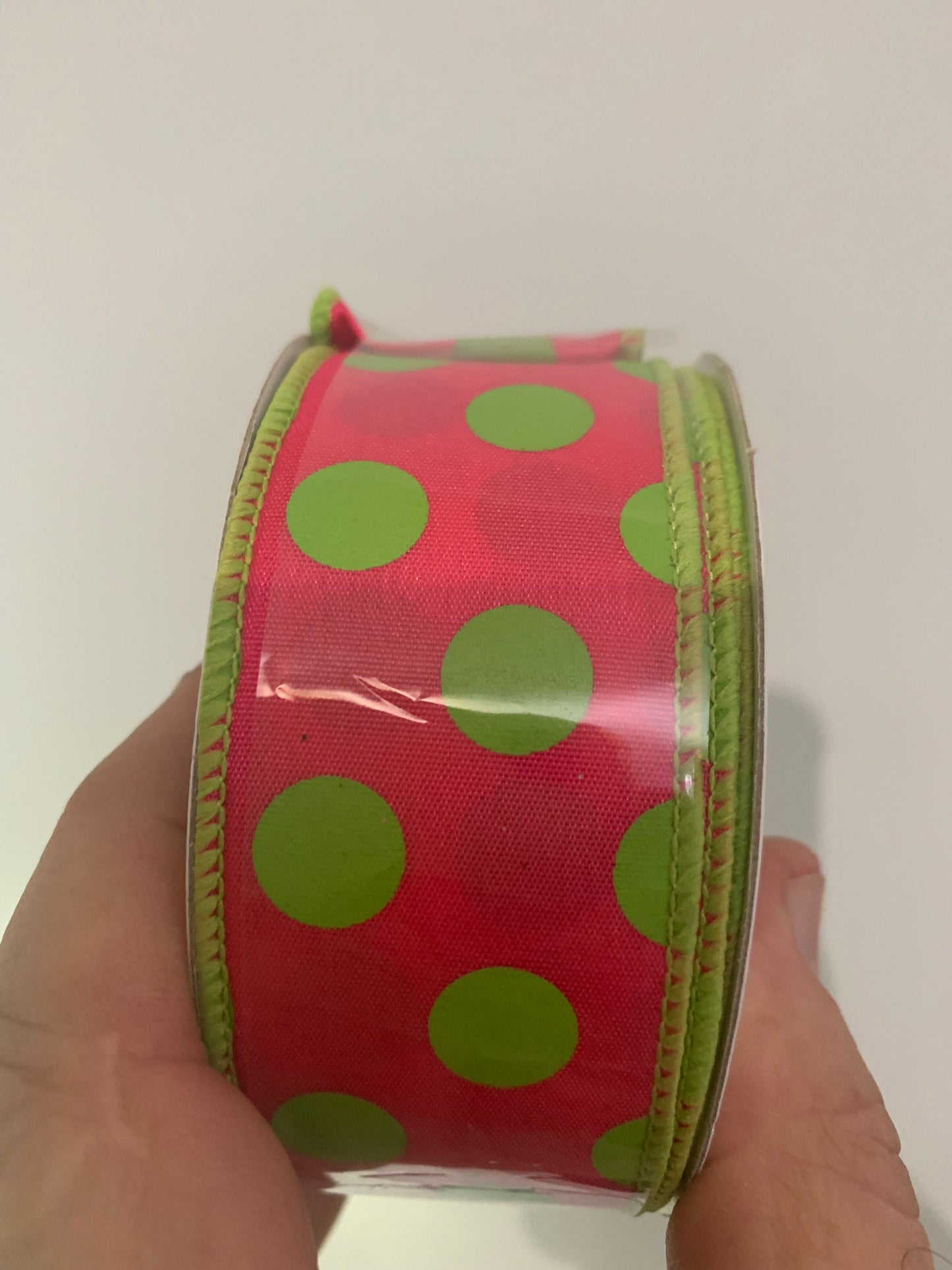 1.5 inch X 10 yard GREEN dot on PINK