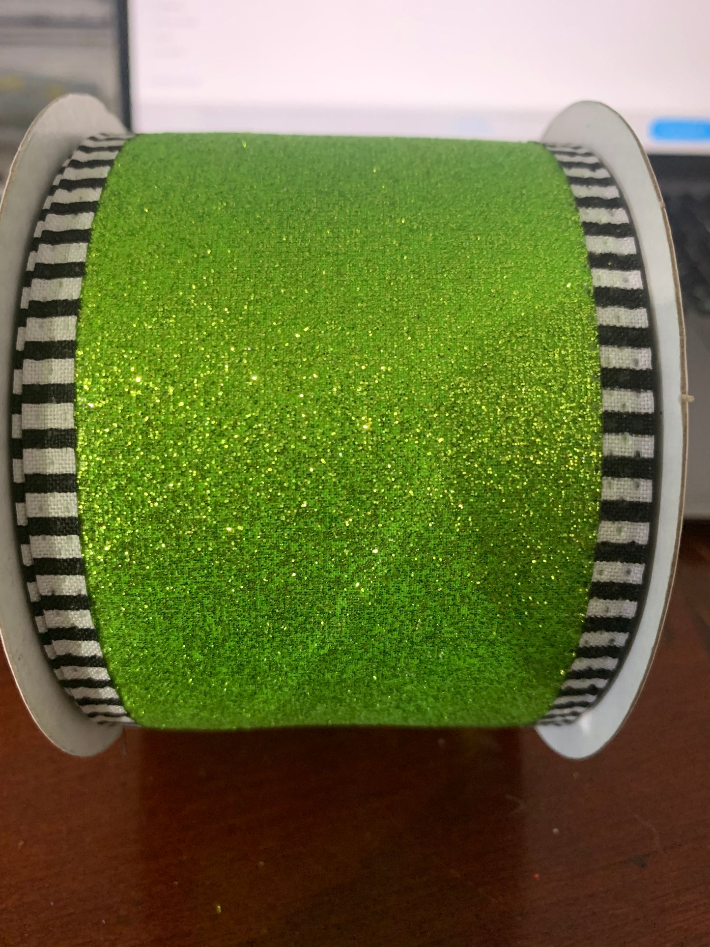 2.5inx10yd Metallic Glitter LIME with Blk/WhT Edge