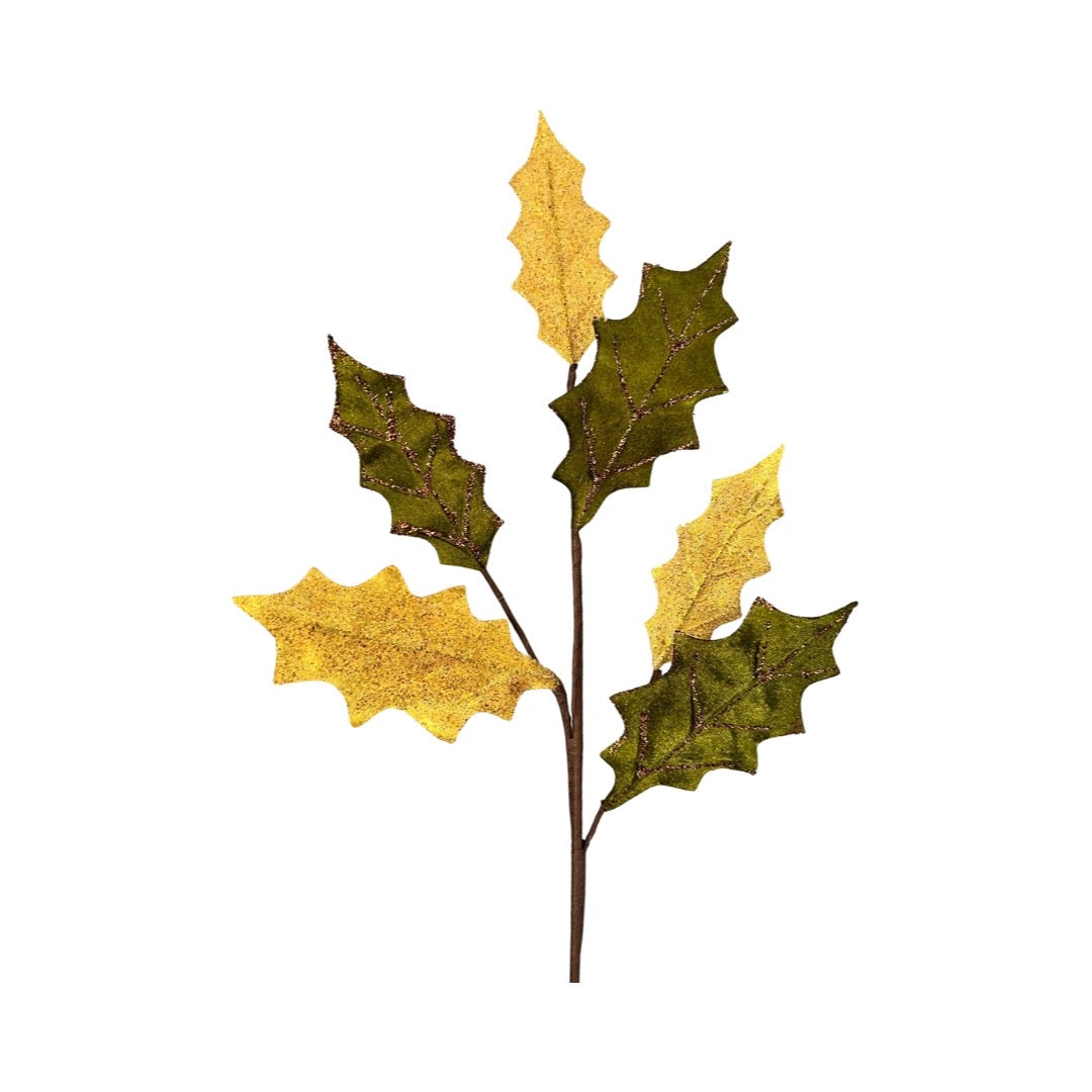25in Velvet Beaded Holly Leaf Gold/Green
