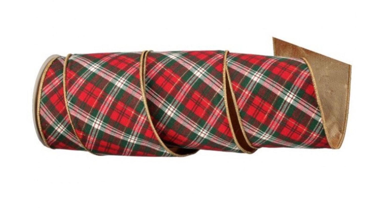 5YARD x 4in Metallic Gold-Back RED/GREEN Plaid