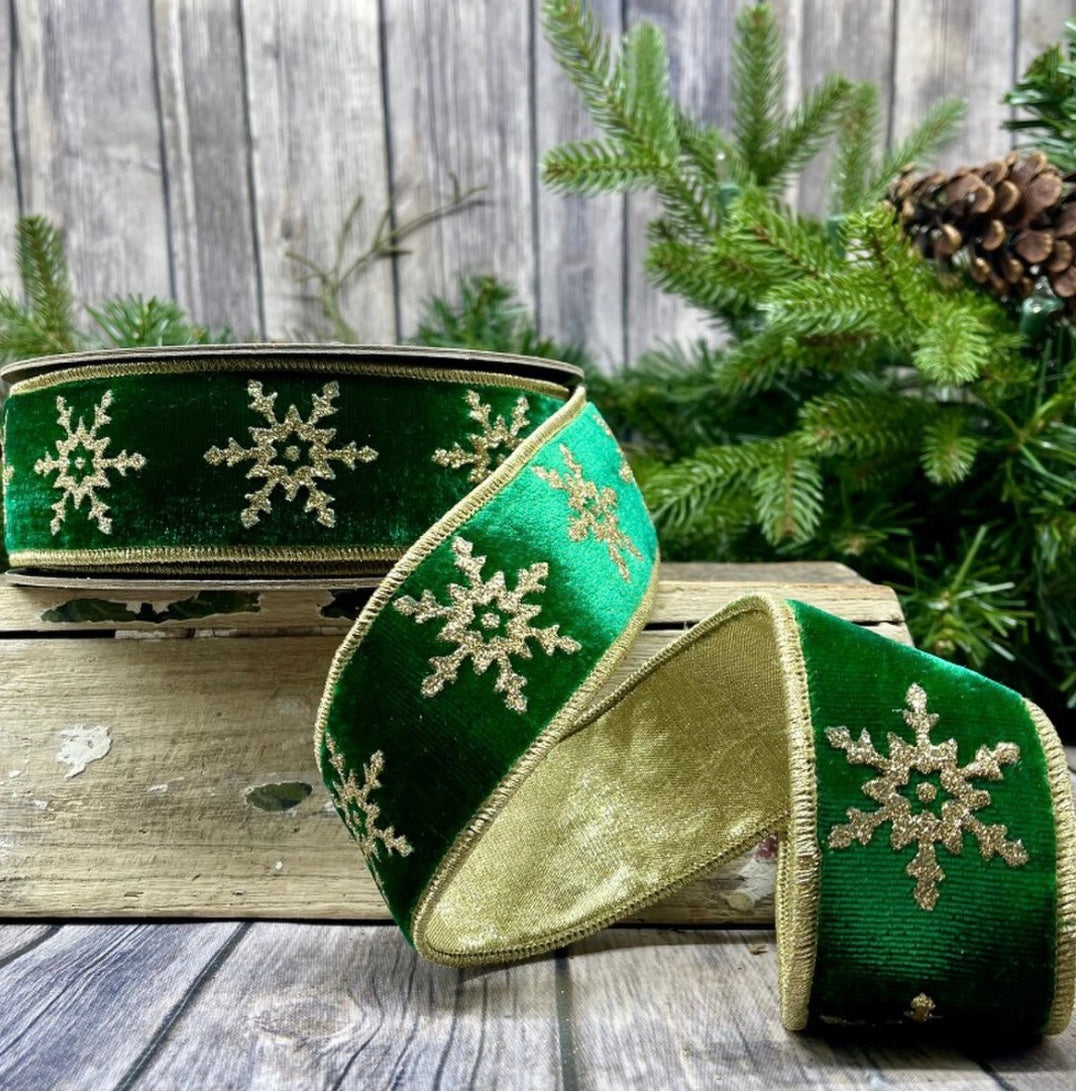 2in EMERALD Velvet w/Gold Snowflakes