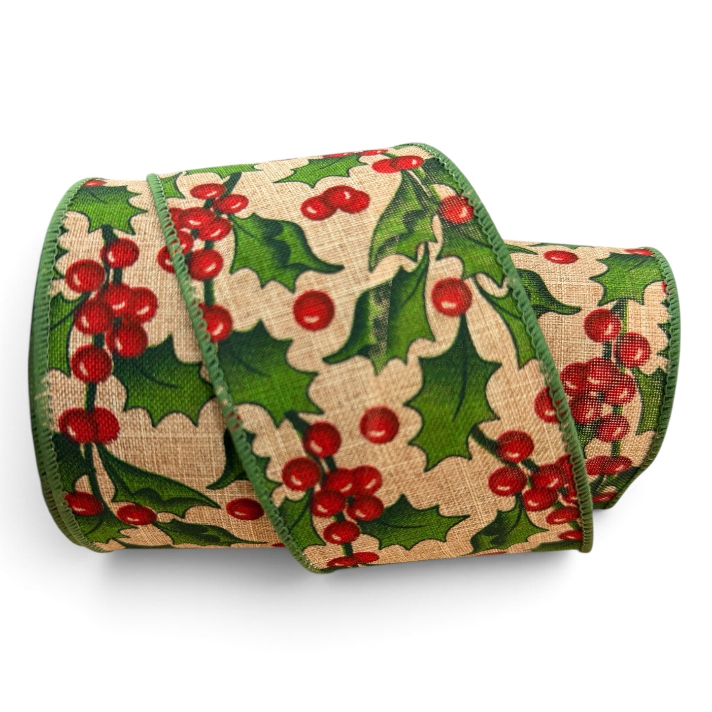 2.5 inch holly berry and green holly leaf linen wired ribbon on natural background for Christmas wreaths bows garlands and holiday decorating