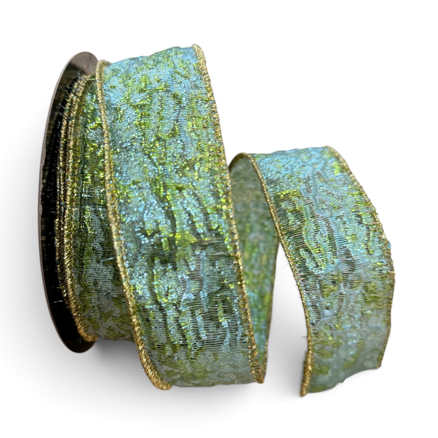 D. Stevens 1.5 inch Crushed Metallic Lamé Aqua and Green wired designer ribbon with shimmering textured finish on a 10-yard roll.