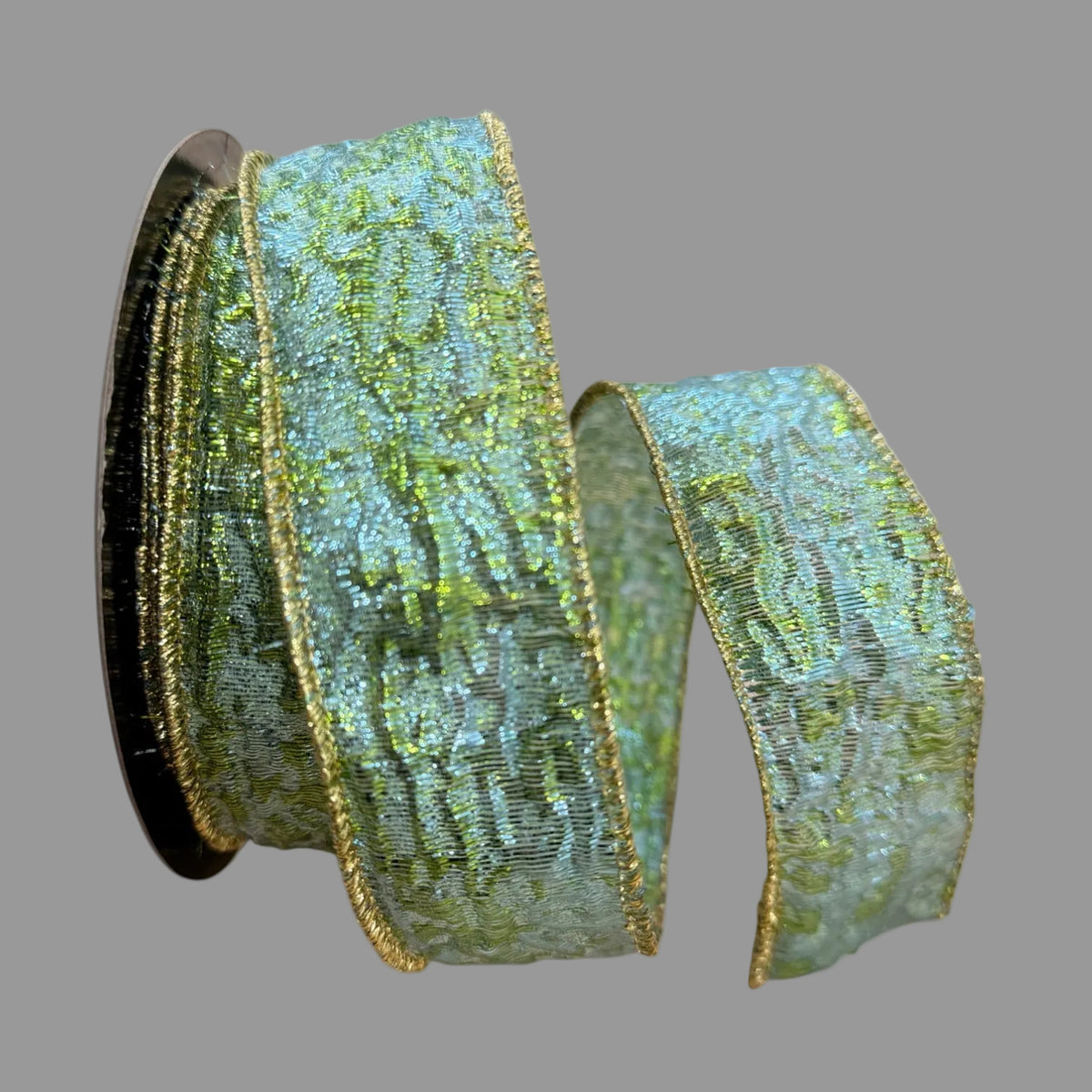 D. Stevens 1.5-inch x 10-yard aqua green crushed metallic designer ribbon featuring a crinkled reflective surface with chartreuse and gold shimmer and gold braided edges, shown on the spool and draped in a loose loop.