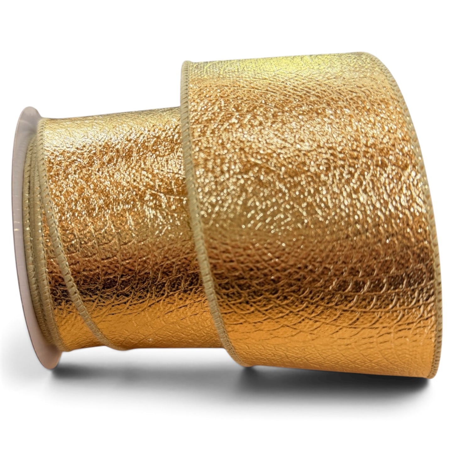 2.5 inch x 10 yard gold Scale Fused Glimmer wired ribbon with textured metallic finish