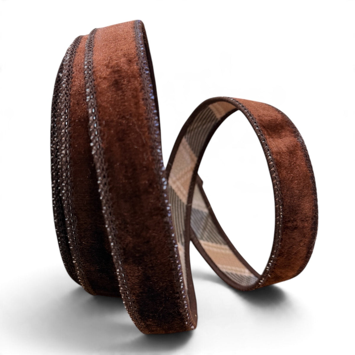 1" x 10 Yards Deluxe Chocolate Brown Velvet Ribbon with Gentlemans Plaid Backing – Double Fused Designer Ribbon Regency