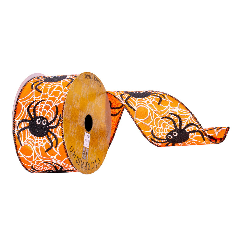 2.5inx10yd Spider on Glitter Web Halloween Ribbon ooo