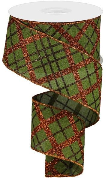 2.5inx10yd Glitter Diagonal Plaid MOSS/COPPER/BURG