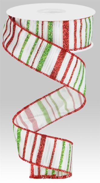 1.5inx10yd Glitter Stripe on Satin RD/GN on WH