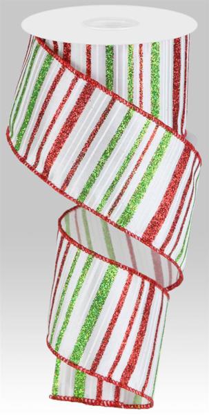 2.5inx10yd Glitter Stripe on Satin RD/GN on WH