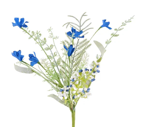 12in Blue/White Fabric Flower/Leaf/Beads