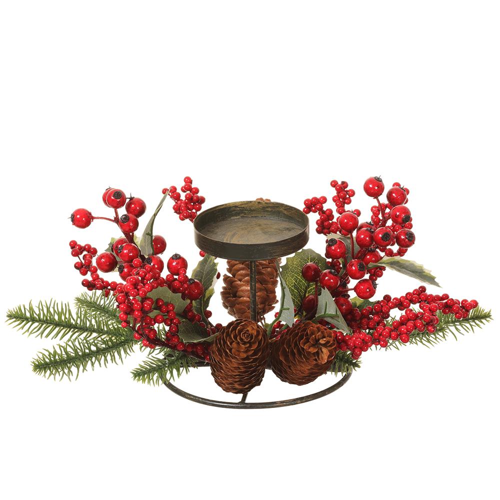 12in Metal Candleholder w/Berry&Pine
