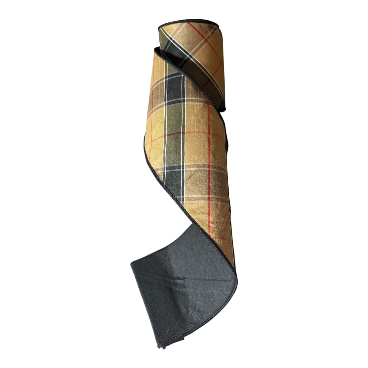 4-inch x 5-yard woven plaid designer ribbon in tan, gold, black, olive green, and cream with a fine red accent line, coordinating dark finished edges, and a solid charcoal reverse.