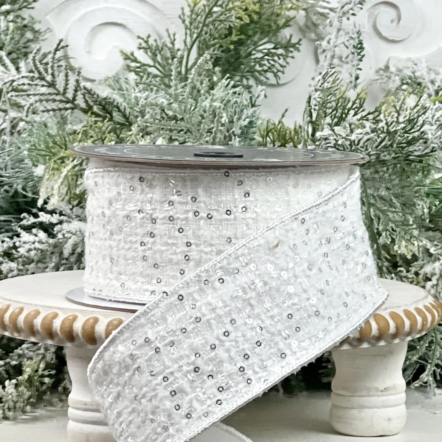 2.5inx10yd White Tweed Sequin Ribbon